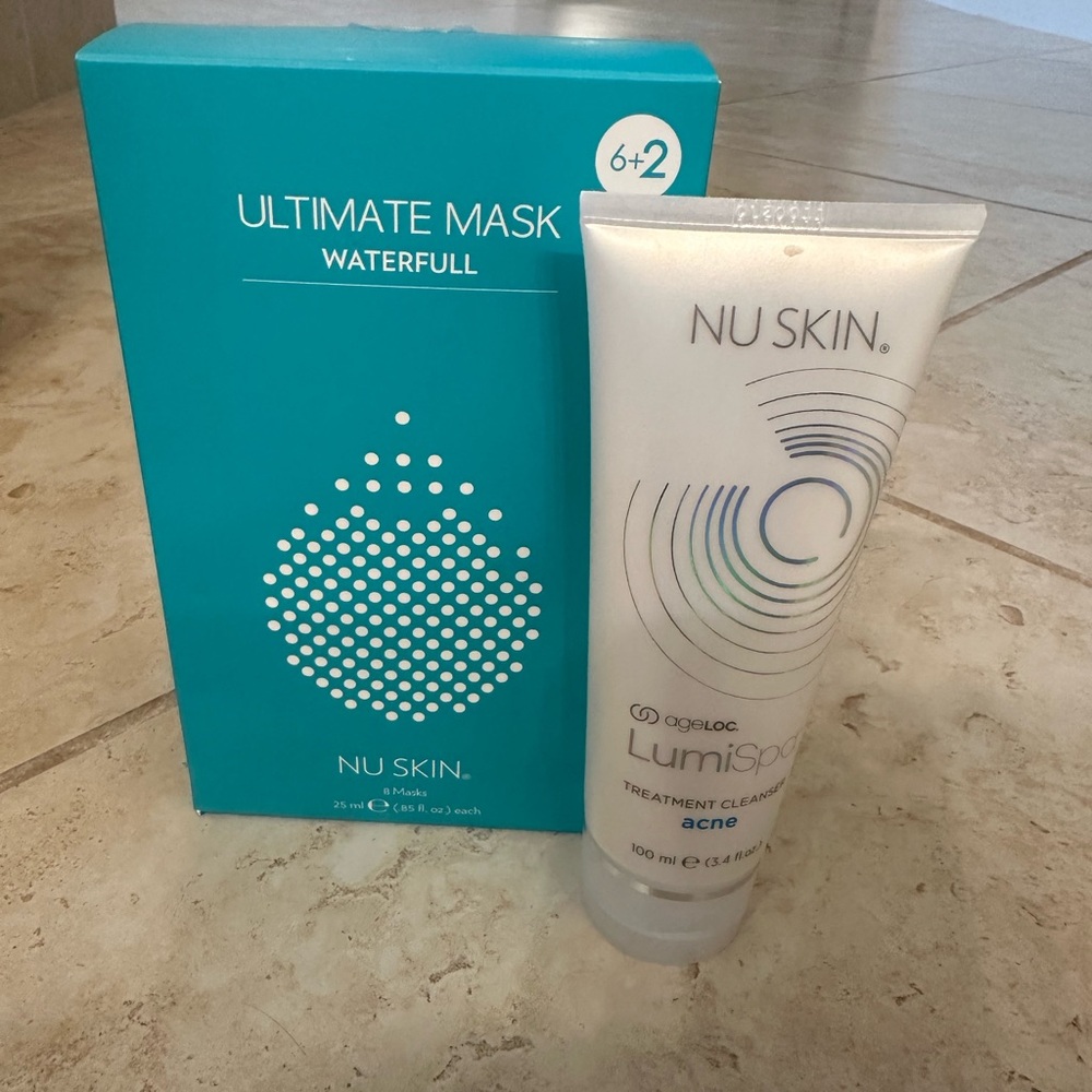 NuSkin LumiSpa acne cleanser and Waterfull Sheet Masks